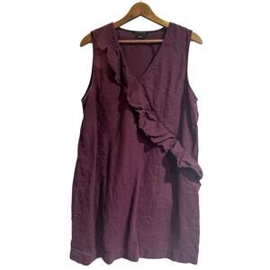 MONOPRIX FEMME Women Purple Linen Short Sleeveless Dress Ruffled Sash Size 10